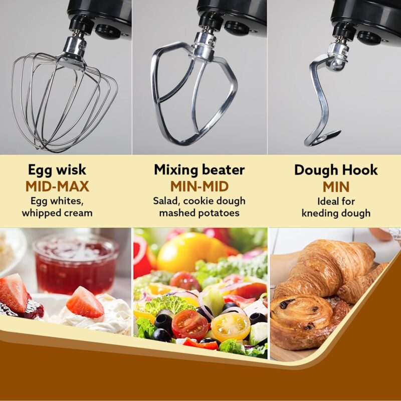 AGARO Royal Stand Mixer 1000W with 5L SS Bowl and 8 Speed Setting I Includes Whisking Cone, Mixing Beater & Dough Hook, and Splash Guard, 2 Years Warranty, (Black) - Image 3