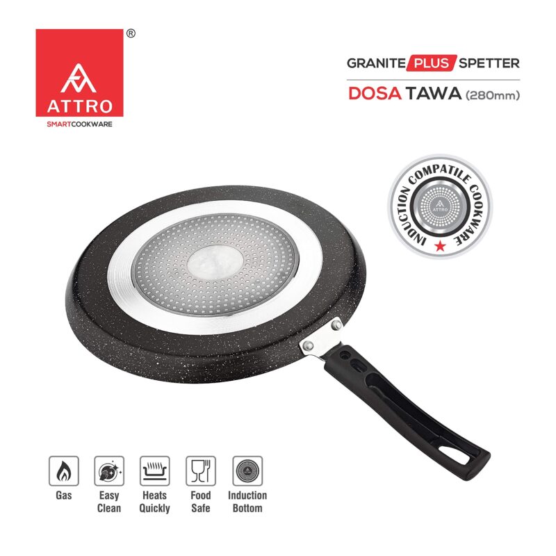 Attro Non-Stick Aluminium Gas Stove & Induction Compatible Dosa Tawa 28 Cm, Marble Grey - Image 6