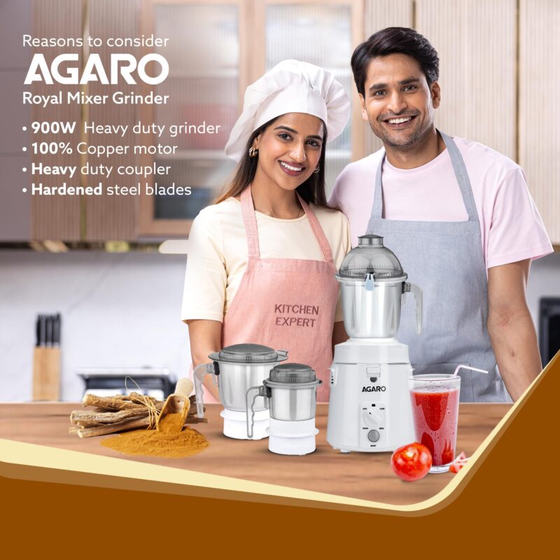 AGARO Royal Mixer Grinder 900W, Heavy Duty, 100% Pure Copper Motor, 3 Stainless Steel Jar, 3 Speed, Whip Function, Stainless Steel Blades,Wet & Dry Grinding, White - Image 6
