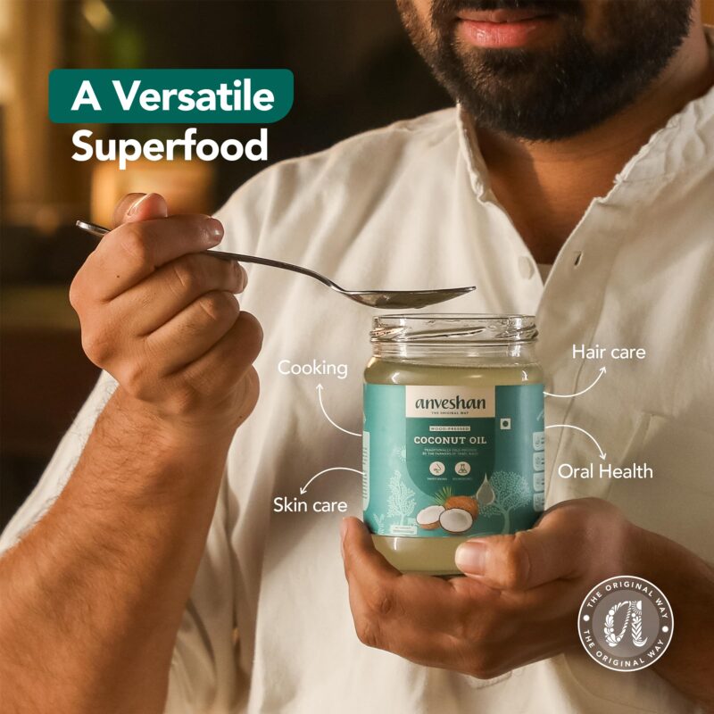 Anveshan Wood Pressed Coconut Oil - 1 Litre | Glass Bottle | Kolhu/Kacchi Ghani/Chekku | Natural | Chemical-Free | Coconut Oil for baby massage | Cold Pressed Coconut Oil for Cooking. - Image 3