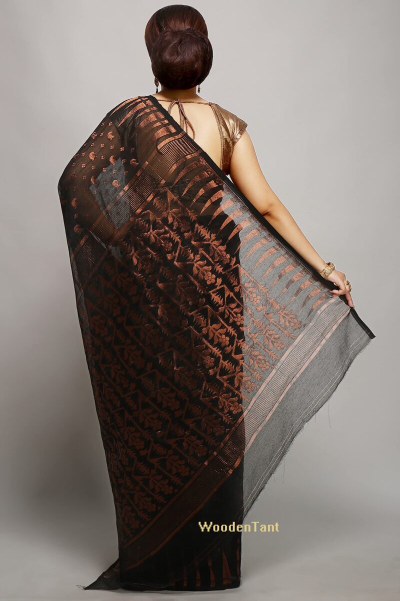 WoodenTant women’s cotton silk dhakai jamdani saree without blouse piece_Black - Image 6