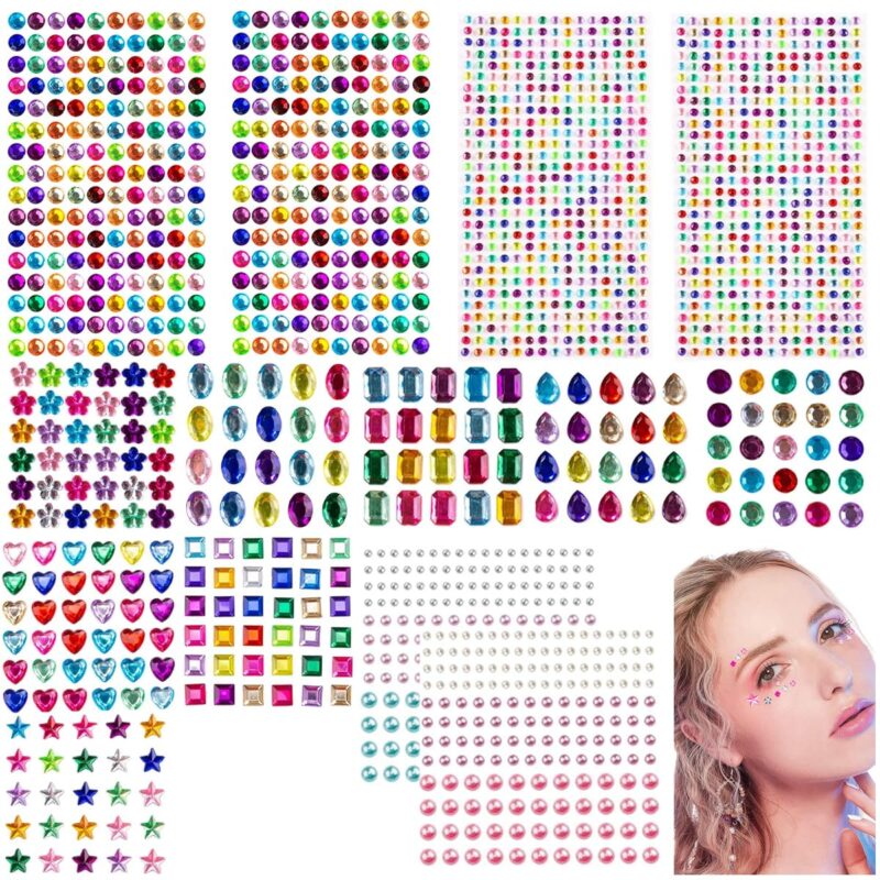 MAYCREATE® 1782pcs Rhinestones Pearl Stickers for Craft Makeup, Bling Sticky Gems Face Stickers, Acrylic Self-Adhesive Assorted Shape & Color Stone Sticker for Scrapbooking, DIY Phone Case