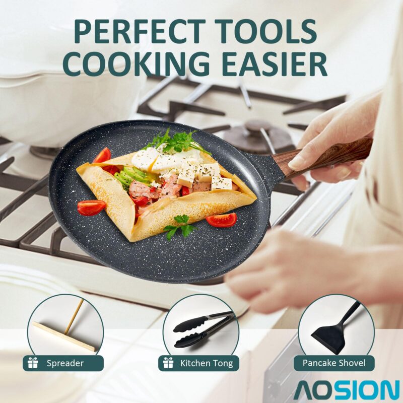 AOSION 11 inch Crepe Pan Nonstick Dosa Tawa Pan,Ceramic Coating Skillet Pan,Tortilla Pan for Pancake Omelette Steak Frying Egg with Ergonmic Handle,For All Stoves - Image 2