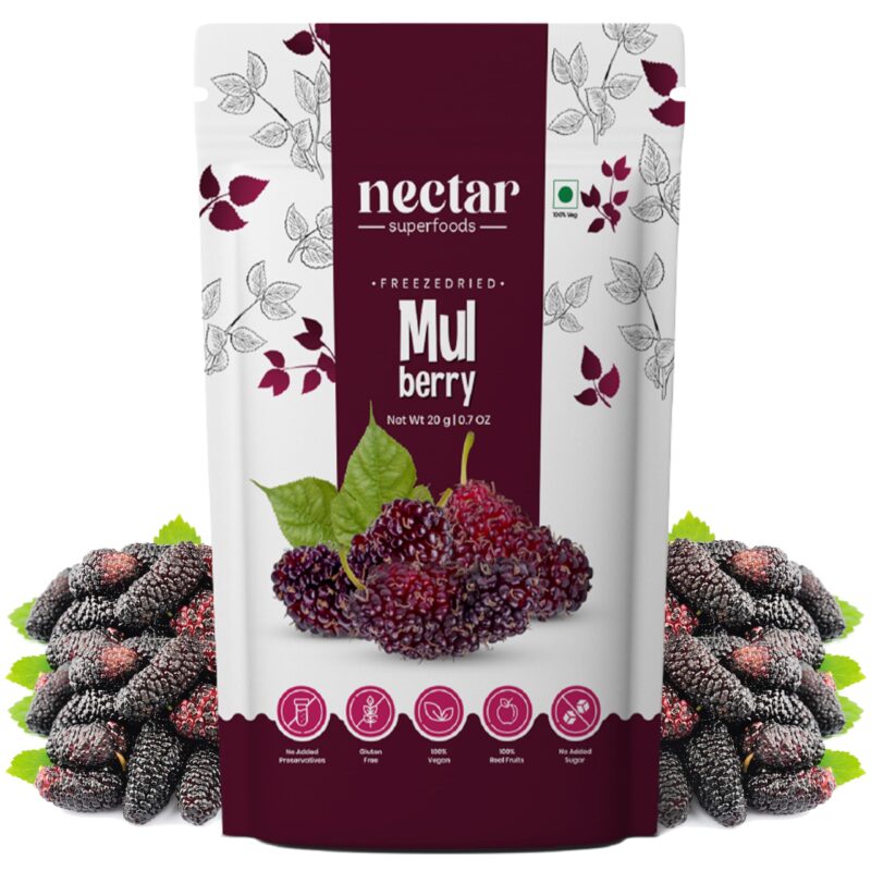 Nectar Superfoods Freeze Dried Mulberry | No Preservatives, No Added Sugar, Healthy Dried Fruit | 100% Natural, Vegan, Gluten Free Snack for Kids and Adults | 20 gram Pouch (Pack of 1)