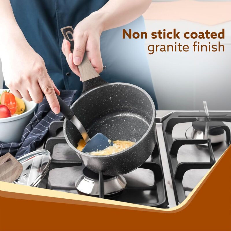 AGARO Imperial Granite Non Stick Cookware Set, 4pcs Cookware Set, 24cm Fry Pan & Casserole with Lid, 16cm Sauce pan with Lid, 28cm Deep Fry Pan with Lid, Cast Aluminium, Gas & Induction Compatible. - Image 7