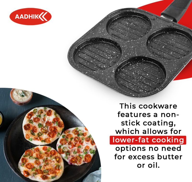 AADHIK Non-Stick Grill Pan Mini Pan Uttapam Tawa Aluminum Multi Snack Maker 4 Cavity, Pancake Maker (Black) - Image 6