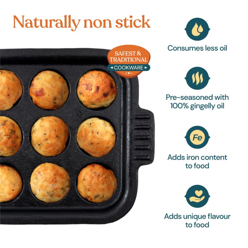 Bhagya Cast Iron Cookware Bhagya Cast Iron Paniyaram Pan/Unniyappam Chatty/Paddu Maker/Appam Pan Pre-Seasoned | Naturally Non-Sticky Cookware | Non Toxic - 9 Holes, Large - Image 8