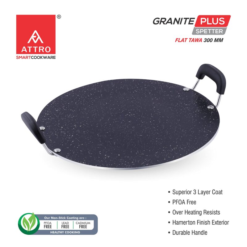 Attro Non Stick Aluminium Heavy Duty Double Handle Flat Spatter Finish Tawa, 300 mm, (Black) - Image 5