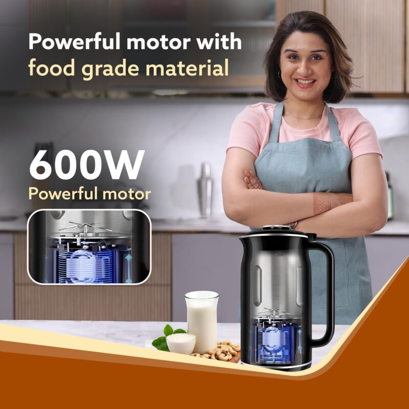 AGARO Regency Automatic Nut Milk Maker, Vegan Milk Machine, Make Vegan Milk From Nuts, Almonds, Soya, Oats etc, Boil Water, Juice, Cereals, Stainless Steel Body, 600ml, Black - Image 3