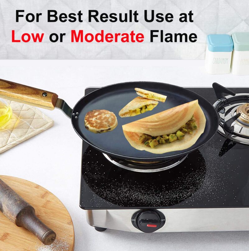 amicus Kitchen Premium Iron Tawa for Dosa Roti Chapati, Flat Iron Tava with Wooden Handle, Induction Friendly,10 Inch,1.2 Kg, Black - Image 7