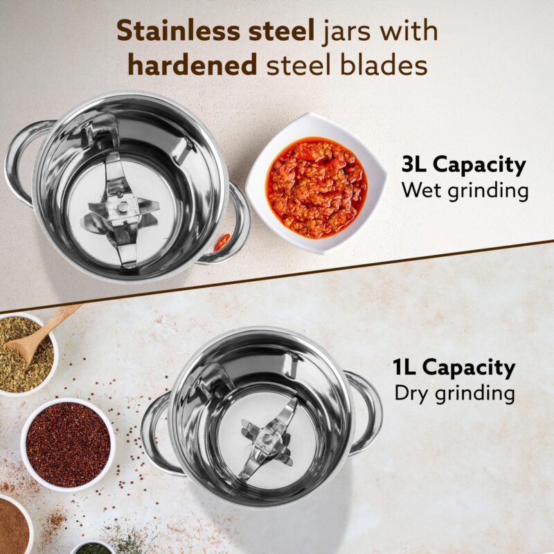 AGARO Grand Commercial Mixer Grinder 1400W, Heavy Duty, 100% Pure Copper Motor, Stainless Steel Jar, 3 Speed with Incher, Stainless Steel Blades, Wet & Dry Grinding, Black & Grey - Image 3