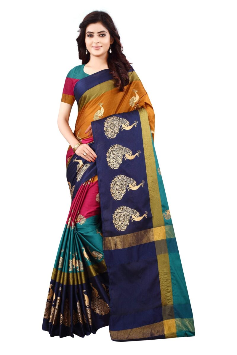OM SAI LATEST CREATION Women's Z-card Cotton silk Foil Printing Lining Saree for Women Half Sarees Under 349 2020 Beautiful for Women Saree With Blouse Piece(Free Size) (Multi-Coloured)