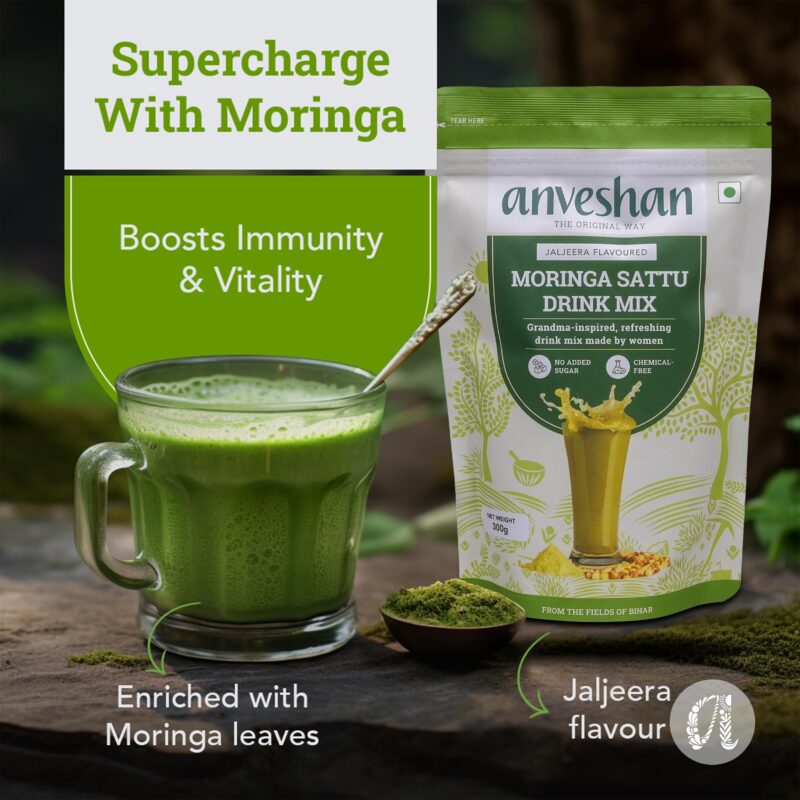 Anveshan Moringa Sattu Drink Mix - 300g | Chana Sattu Protein Powder | Drink | 8 Vitamin and Fibre Rich Nutrition Drink - Image 2