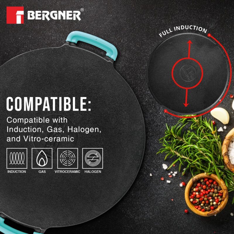 Bergner Eco Cast Iron 30cm Dosa Tawa, Pre-Seasoned, Large Loha Tawa for Dosa, Even Heat Distributor, Retains Heat to Enhance Flavor, Comes with Silicone Sleeve - Induction Base and Gas Stove Ready - Image 4