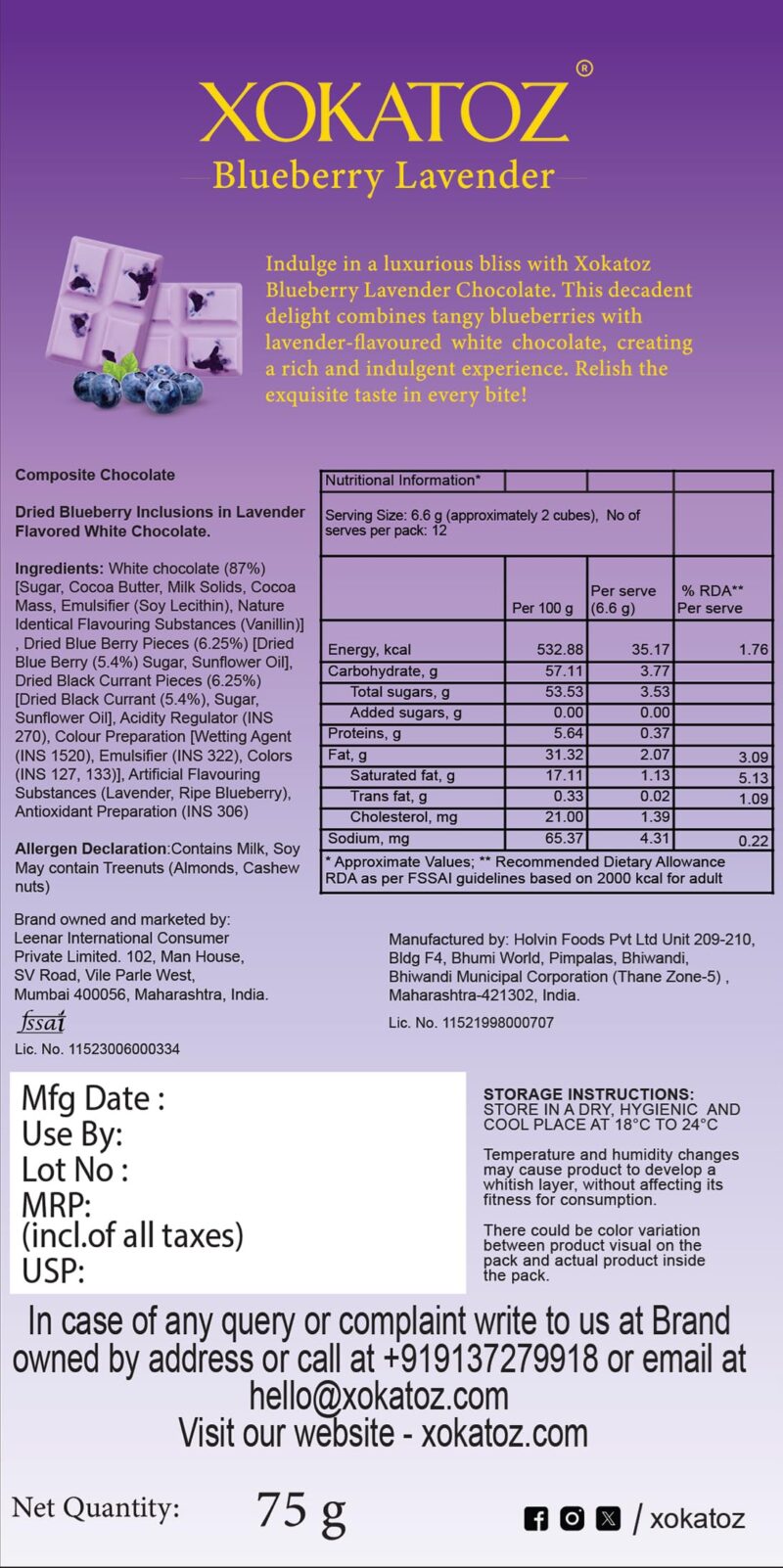 XOKATOZ Exotic Premium Chocolate - 1 Blueberry Lavender Flavoured White Chocolate Bars - Gift set - Pack of 1, 75g (75g x 1) - Image 5