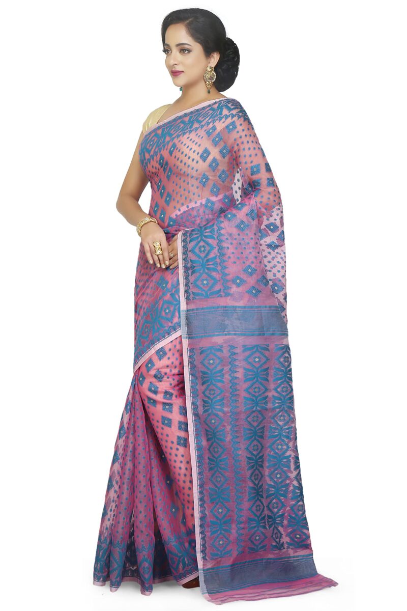 BENGAL HANDLOOM Exclusive Women's Cotton Silk Dhakai Allover Soft Jamdani Saree, Pink - Image 4
