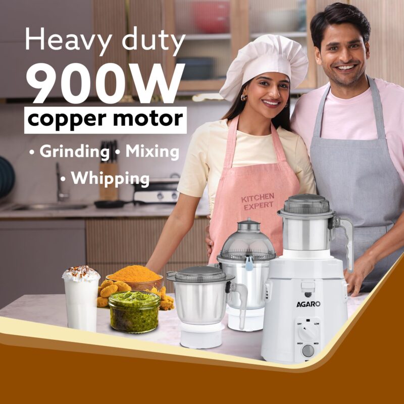 AGARO Royal Mixer Grinder 900W, Heavy Duty, 100% Pure Copper Motor, 3 Stainless Steel Jar, 3 Speed, Whip Function, Stainless Steel Blades,Wet & Dry Grinding, White - Image 5