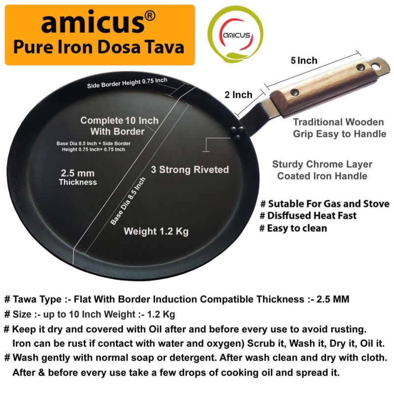 amicus Kitchen Premium Iron Tawa for Dosa Roti Chapati, Flat Iron Tava with Wooden Handle, Induction Friendly,10 Inch,1.2 Kg, Black - Image 8
