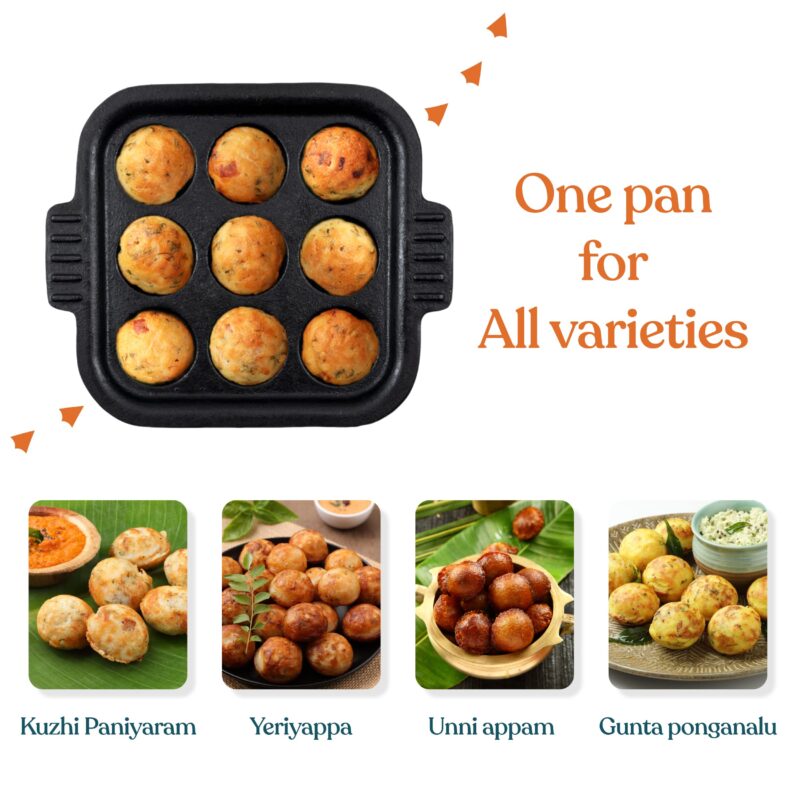Bhagya Cast Iron Cookware Bhagya Cast Iron Paniyaram Pan/Unniyappam Chatty/Paddu Maker/Appam Pan Pre-Seasoned | Naturally Non-Sticky Cookware | Non Toxic - 9 Holes, Large - Image 5