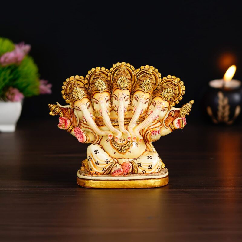 Panchmukhi Ganesha Idol Statue Energized 5 Faced/Mukhi Ganesha Figurine Ganpati Murti for Pooja, Antique Finish Figurine Marble Dust God Statue Ganpati Statue