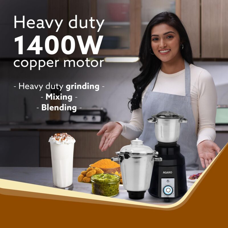 AGARO Grand Commercial Mixer Grinder 1400W, Heavy Duty, 100% Pure Copper Motor, Stainless Steel Jar, 3 Speed with Incher, Stainless Steel Blades, Wet & Dry Grinding, Black & Grey - Image 5