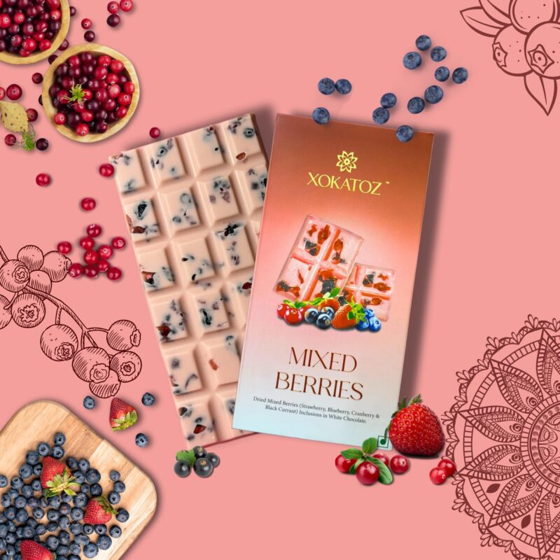 XOKATOZ Exotic Premium Chocolate - 1 Mixed Berries and 1 Kesar Pista Flavours - Flavoured White Chocolate Bars - Gift Set- Pack of 2, 150g (75g x 2) - Image 8