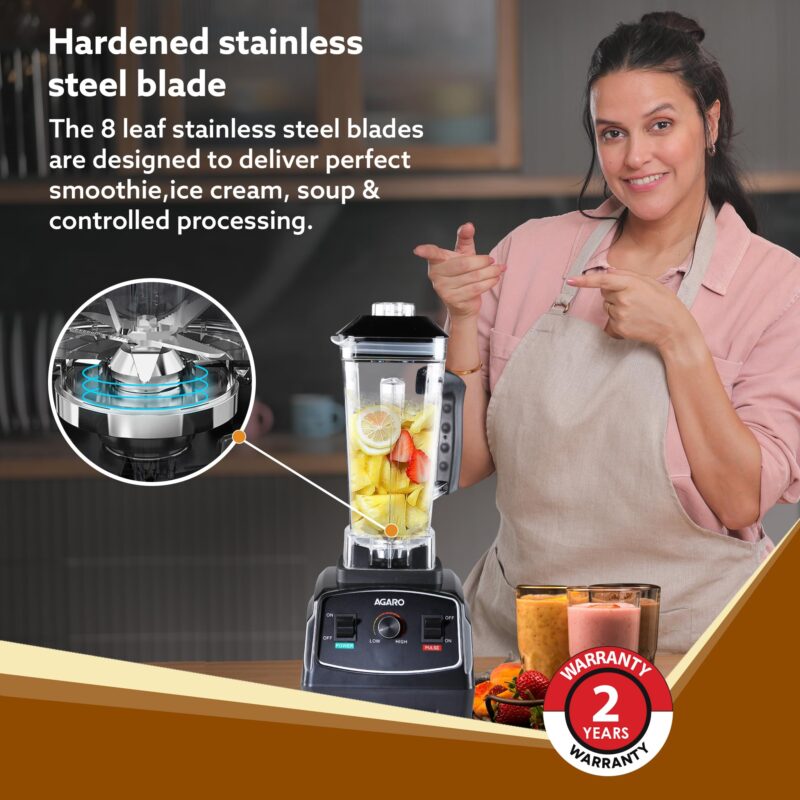 AGARO Grand Professional Blender/Grinder/Mixer, 2000 watts, 2 Litres BPA Free Jar, Commercial heavy duty blender, High Power & Speed Blender, 100% Copper Motor, Pulse Function, 8 Leaf SS Blade - Image 3
