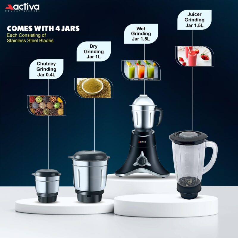 ACTIVA ABS Super Chef 900 Watts Powerful Motor Mixer Grinder With 4 Jars | 2 Years Motor, Black - Image 2
