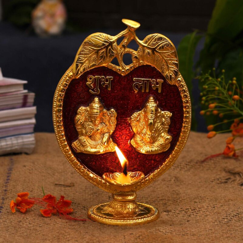 Collectible India Laxmi Ganesha Diya Idol Statue- Brass Gold Finish Diya Oil Lamp Ganesh Lakshmi Showpiece Shubh Labh Home Office Decor Pujan Puja Diwali Decoration (Golden) - Image 2
