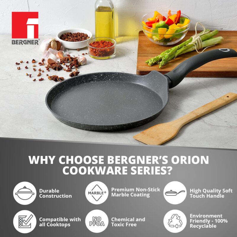 Bergner Orion NonStick 26 cm Tawa/ Dosa Pan, 100% Recyclable, For Low Oil Paratha/Dosa/Uttapam/Pancake/ Crepe/Eggs/Toasts, Textured Soft Touch Handle, Granite Finish, Induction & Gas ready, 1-Year Warranty - Image 3