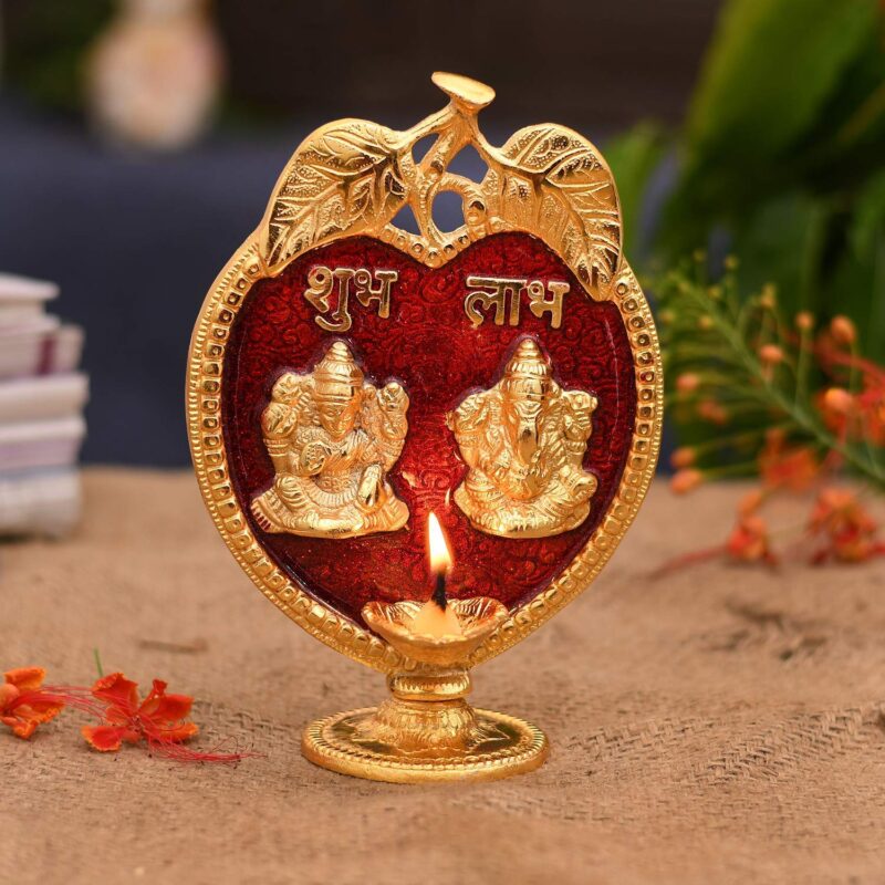 Collectible India Laxmi Ganesha Diya Idol Statue- Brass Gold Finish Diya Oil Lamp Ganesh Lakshmi Showpiece Shubh Labh Home Office Decor Pujan Puja Diwali Decoration (Golden)
