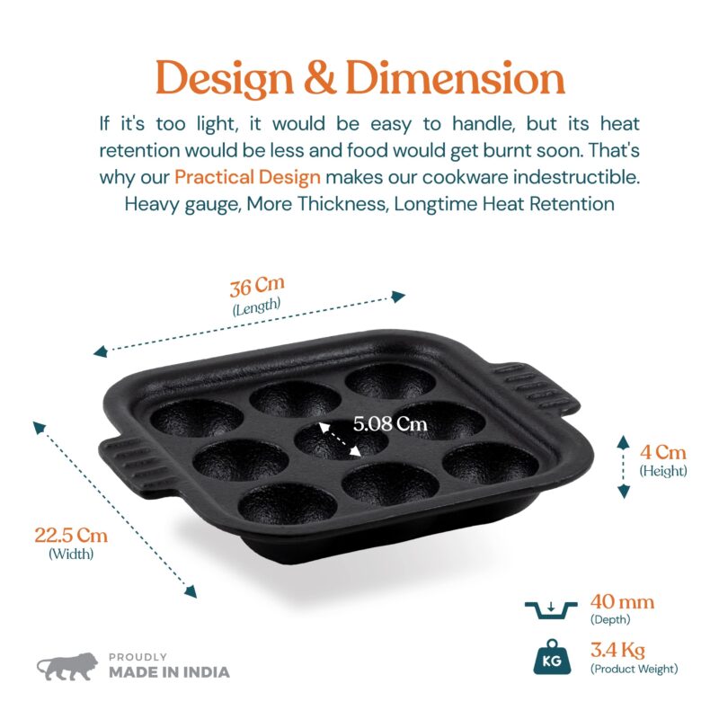 Bhagya Cast Iron Cookware Bhagya Cast Iron Paniyaram Pan/Unniyappam Chatty/Paddu Maker/Appam Pan Pre-Seasoned | Naturally Non-Sticky Cookware | Non Toxic - 9 Holes, Large - Image 3