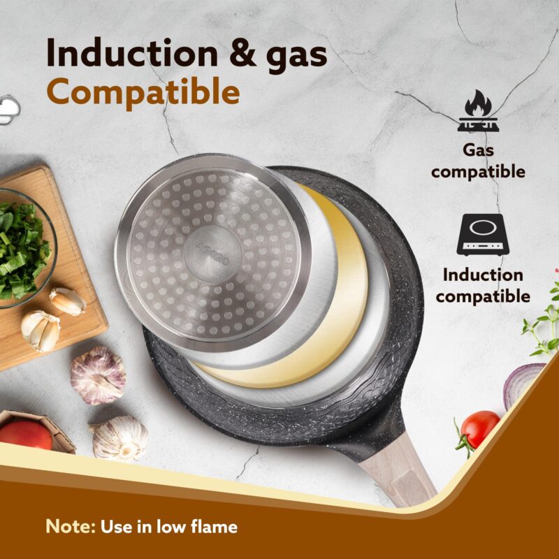 AGARO Imperial Granite Non Stick Fry Pan, 1.1L / 20cm, Cast Aluminium Body, Omlette Egg Pan, Fish Fry Pan, Gas & Induction Compatible, Dark Grey - Image 3