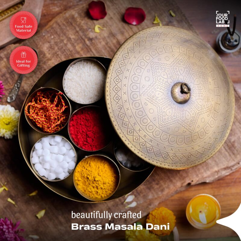 YFL HOME Brass Spice Box for Kitchen with Spoon (Pure Brass, 7 Detachable containers, 100 ML) | Masala box for Kitchen | Spice Storage Container | Stylish Masala Dani for gift - Image 2