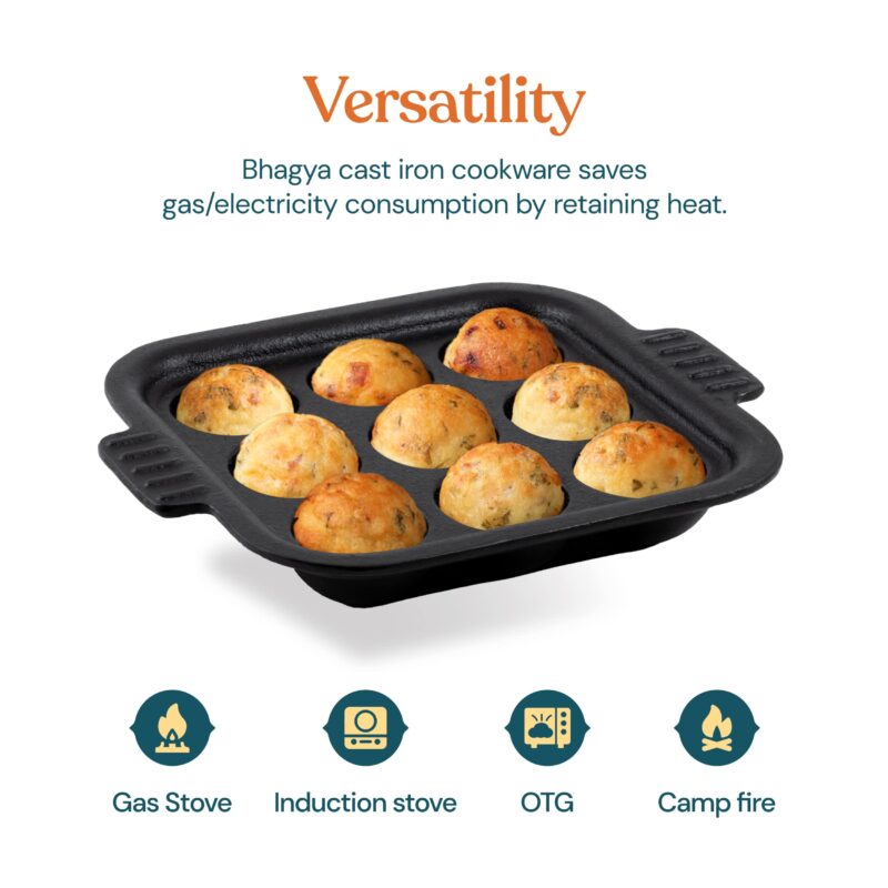 Bhagya Cast Iron Cookware Bhagya Cast Iron Paniyaram Pan/Unniyappam Chatty/Paddu Maker/Appam Pan Pre-Seasoned | Naturally Non-Sticky Cookware | Non Toxic - 9 Holes, Large - Image 7