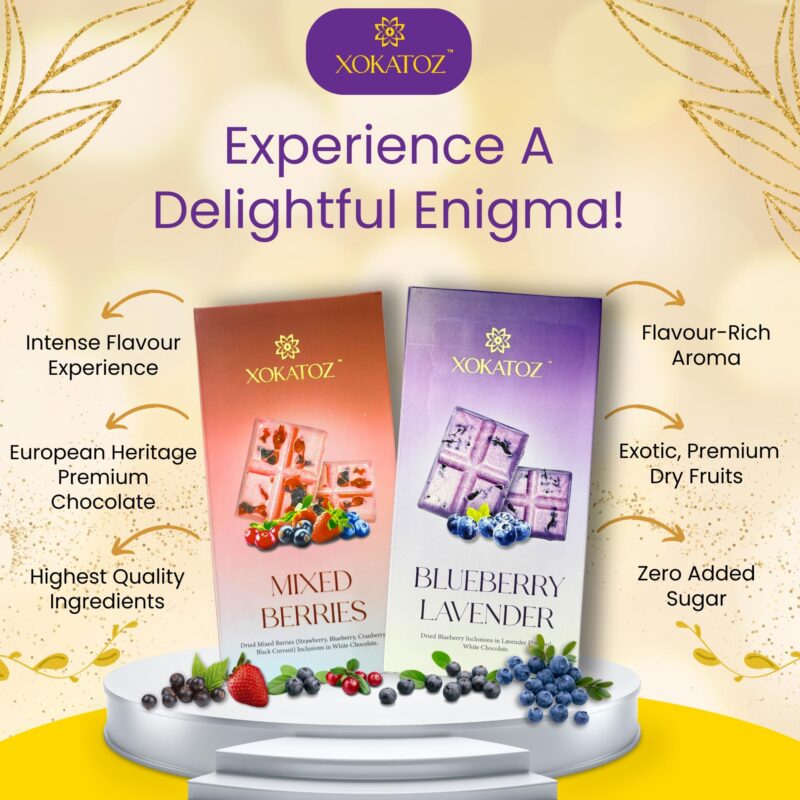 XOKATOZ Exotic Premium Chocolate - 1 Mixed Berries and 1 Blueberry Lavender Flavours - Flavoured White Chocolate Bars - Gift set - Pack of 2, 150g (75g x 2) - Image 4