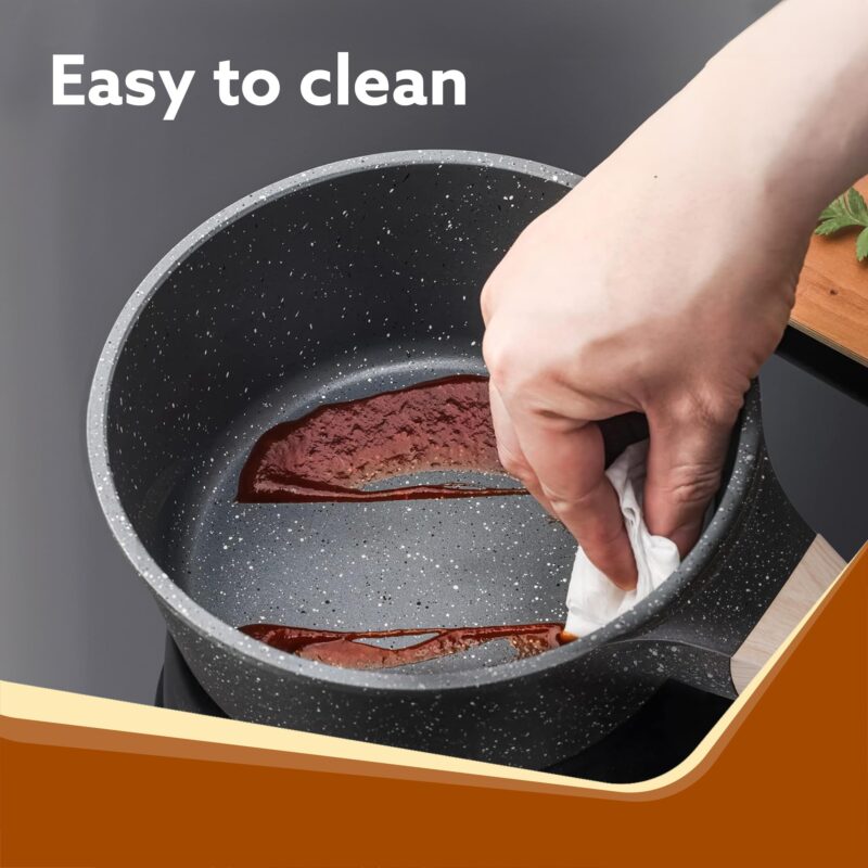 AGARO Imperial Granite Non Stick Sauce pan with Glass Lid, 1.5L / 16cm, Cast Aluminium Body, Tea Pan, Milk Pan, Soup Pan, Gas & Induction Compatible, Dark Grey. - Image 5