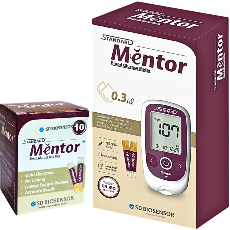STANDARD Mentor Digital Blood Glucose Meter for self Diabetes testing monitor machine with 10 Strips & complete medical device Kit - Glucometer (Magenta)