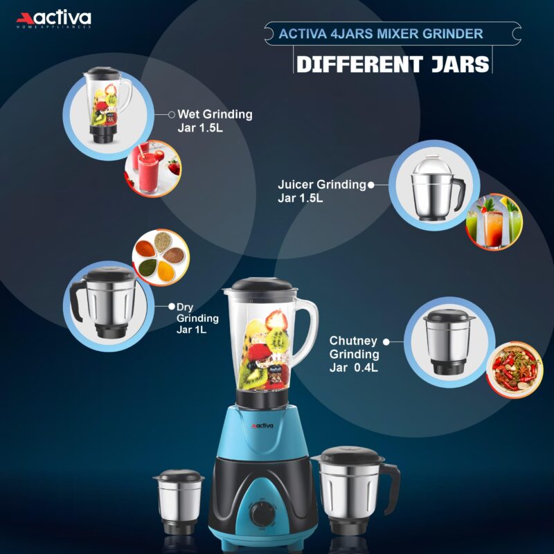 ACTIVA Megamix 1000 W Powerful Motor Mixer Grinder With 4 Jars | 2 Years Motor Warranty, Red - Image 5