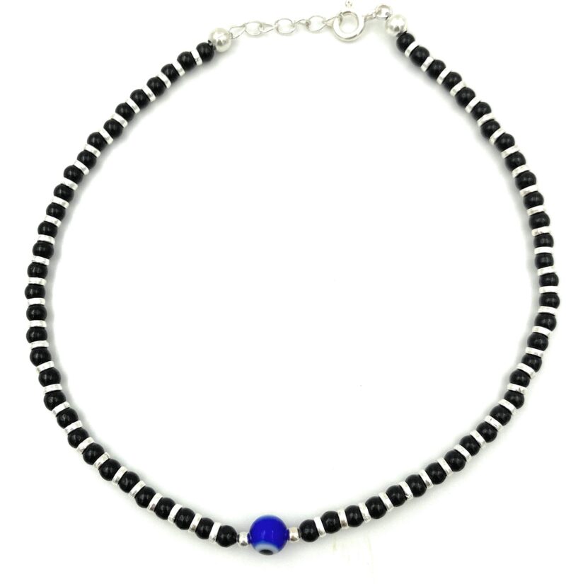 VRINDAM JEWELLERS 925 Sterling Silver Blue Evil Eye Nazariya Anklet with Black Beads For Girl's & Women |Adjustable |Comfortable |Single Piece |Length 27 cm |Weight Approx...7 GM