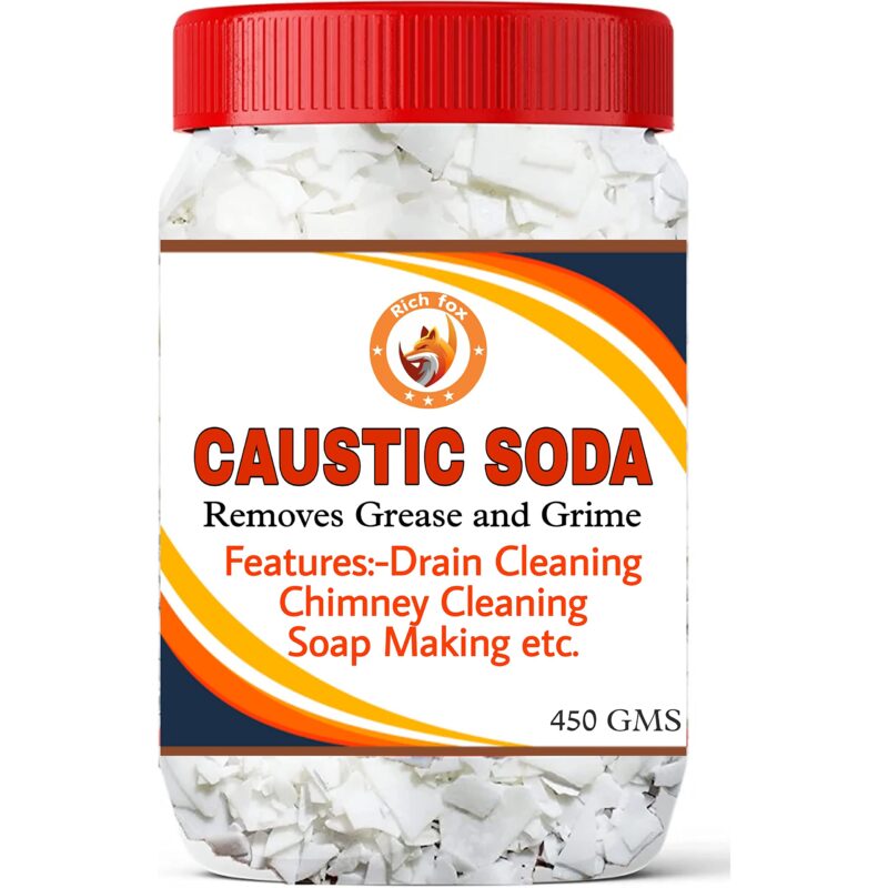 RICH FOXยฎ Caustic Soda for Soap Making, Drain Cleaning, Chimney Cleaningโ Fast-Acting Formula to Clear Blockages Instantly โ Best Chimney & Drain Cleaner Flakes and Soap Making Flakes- 450 Grams