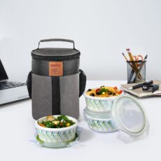 White|Bubble Drop Opalware Lunch Box with Jacket / 3 Piece