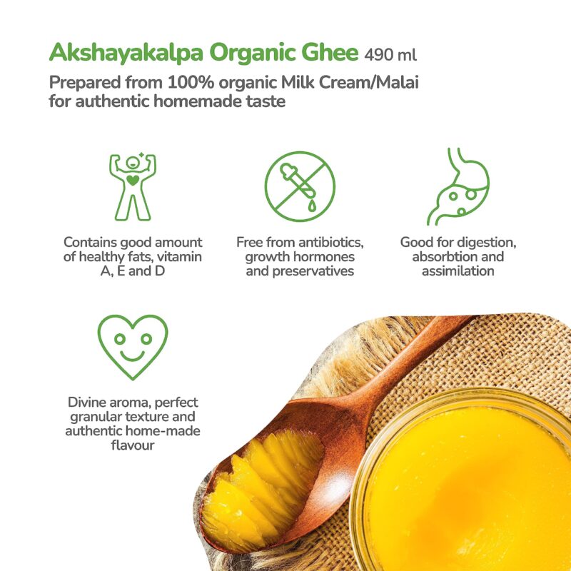 Akshayakalpa Organic Cow Ghee – 490 ml - Pure organic ghee, traditionally-churned, chemical-free, granular ghee, nutritious by nature - Image 3