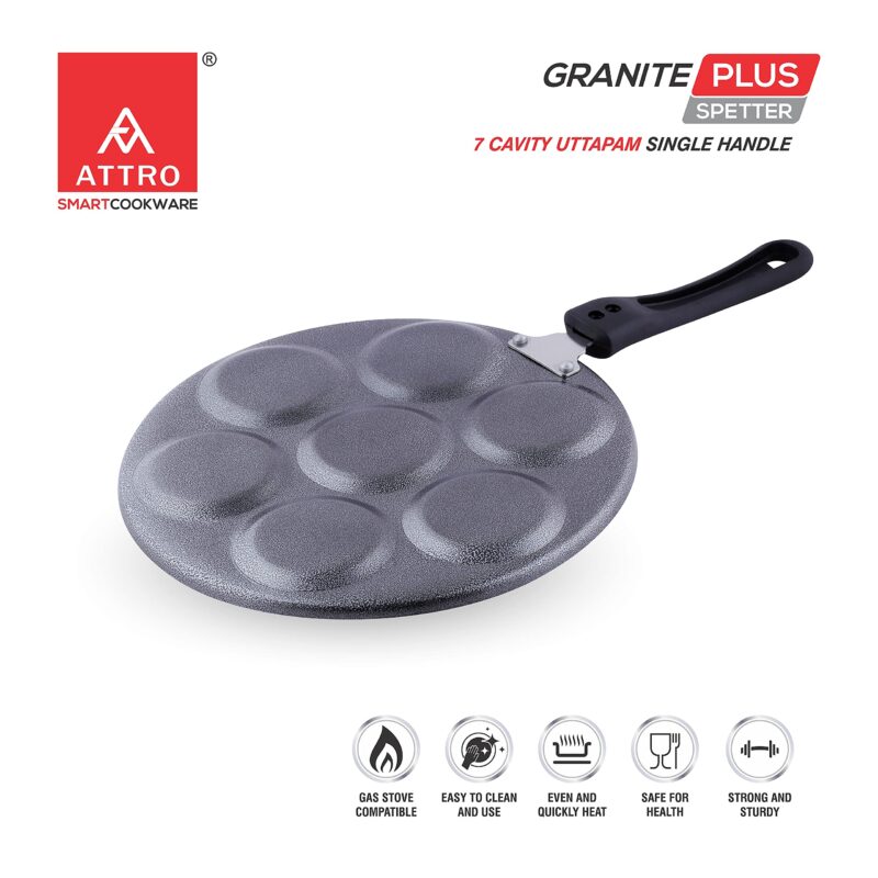 Attro Non Stick Heavy Duty 7 Cavity Single Handle Uttapam Tawa, Spatter Finish, Black - Image 5