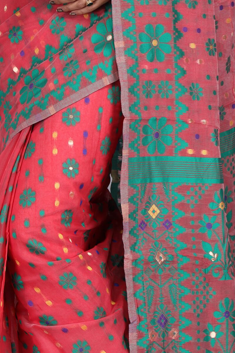 CRAFTONI Small Flower Butik Design Women Dhakai Jamdani Soft Cotton Silk Saree - Image 4