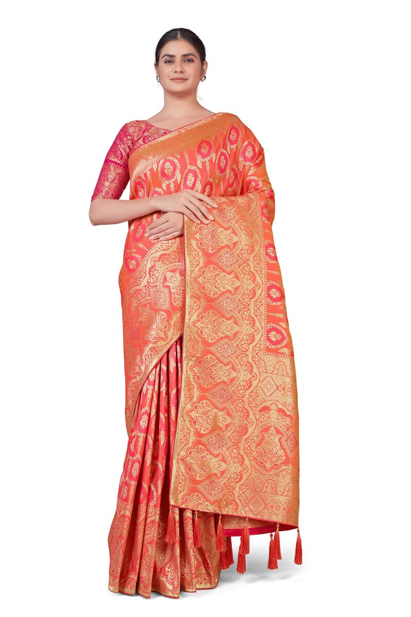 Monjolika Fashion Women's Banarasi Silk Peach Color Zari Woven Saree With Separate Embellished And Unsttiched Blouse Piece (Peach)