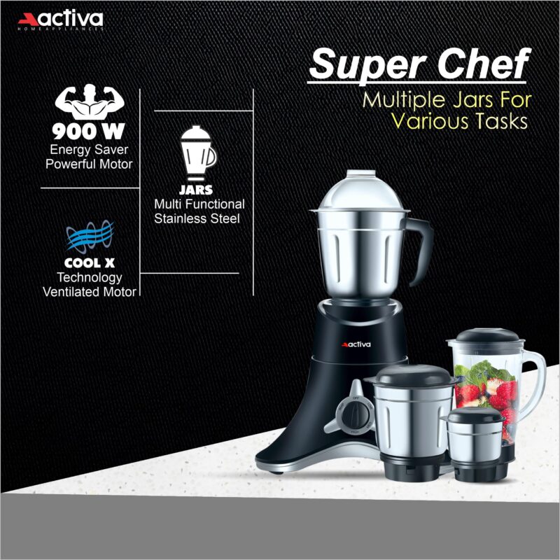 ACTIVA ABS Super Chef 900 Watts Powerful Motor Mixer Grinder With 4 Jars | 2 Years Motor, Black - Image 12