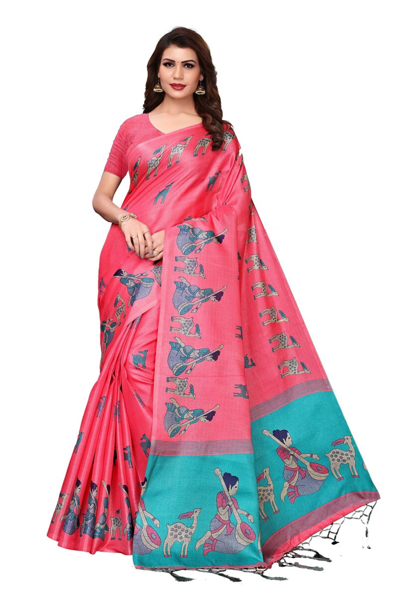 GoSriKi Women's Pink Color Mysore Art Silk Printed Saree Border Tassels With Blouse Piece(MAITHALI PINK_Free Size)