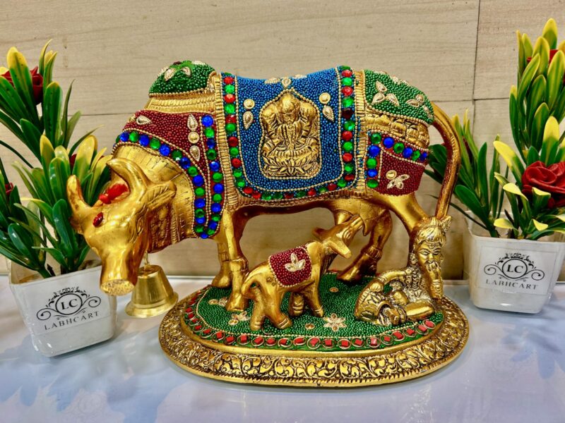 LABHCART Handcrafted Brass Golden Kamdhenu Cow with Calf, Vastu Gau MATA Idol, Spiritual Vastu Nandi Pooja Figurine Sculpture, Kamdhenu Cow & Calf Idol for Home and Office