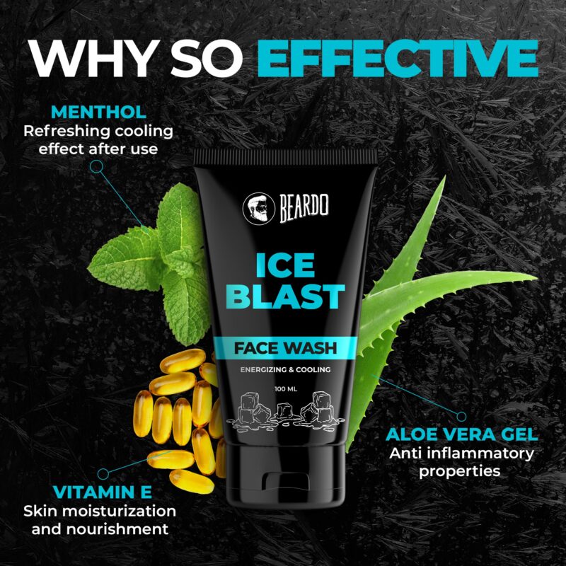 BEARDO Ice Blast Cooling Facewash for Men, 100 ml | INSTANT Icy freshness | Aloe Vera Face wash, Vitamin E & Menthol for cool lock technology | Refreshing & Hydrating facewash - Image 7